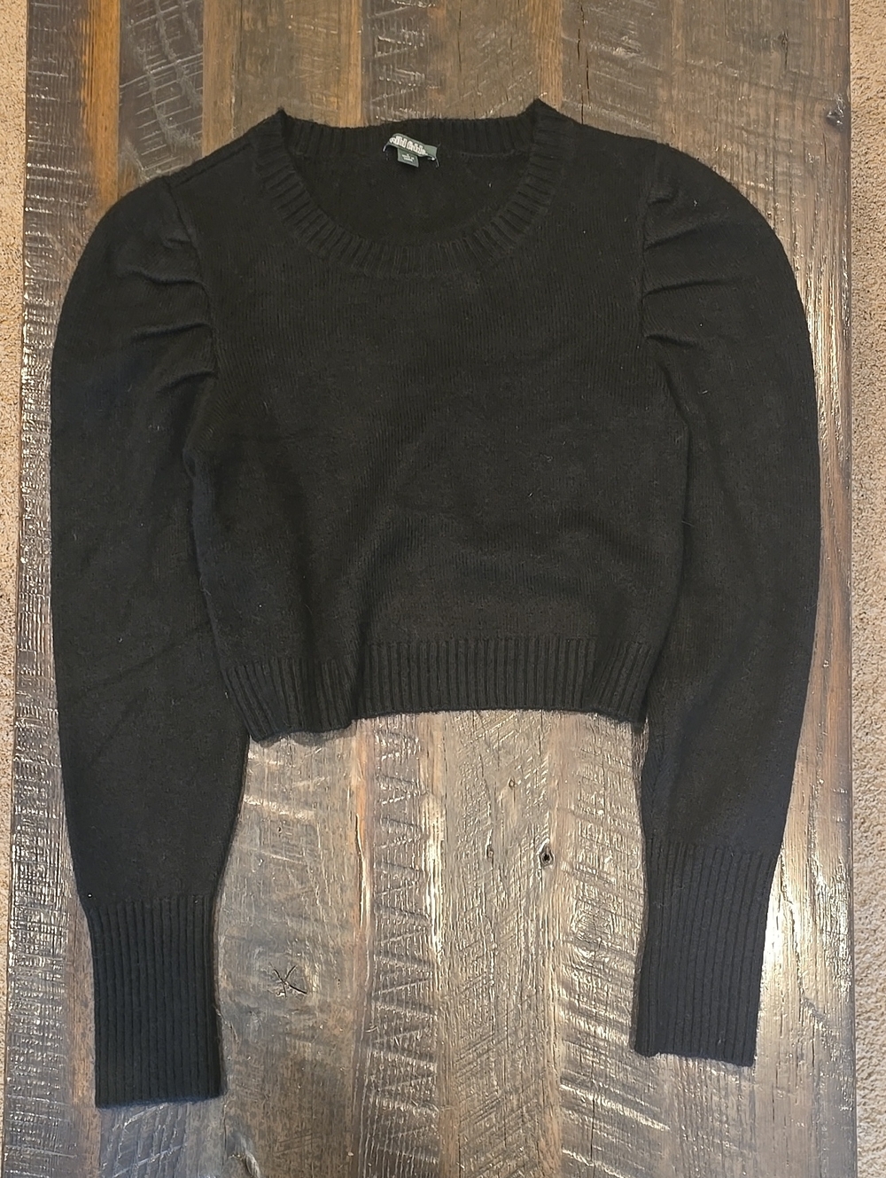 wild fable Black Puff-Sleeve Cropped Crewneck Sweater